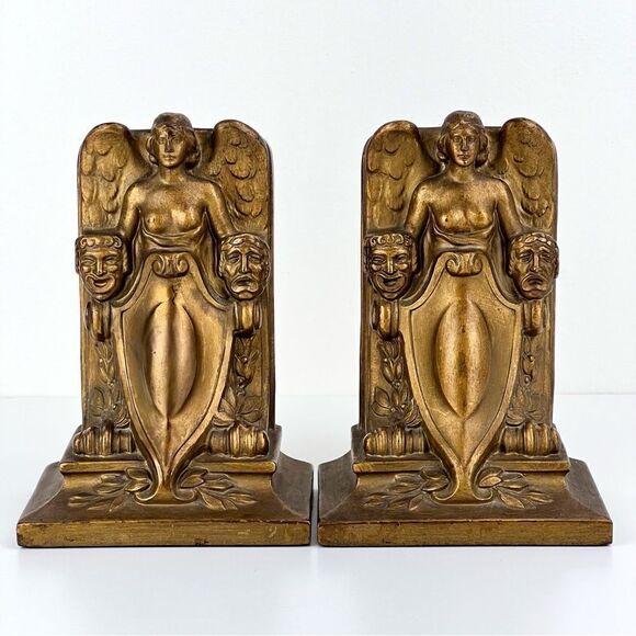 ANTIQUE J.B. ART DECO THEATER NUDE WING LADY BUST MASK  STATUE BOOKENDS - Picture 1 of 13